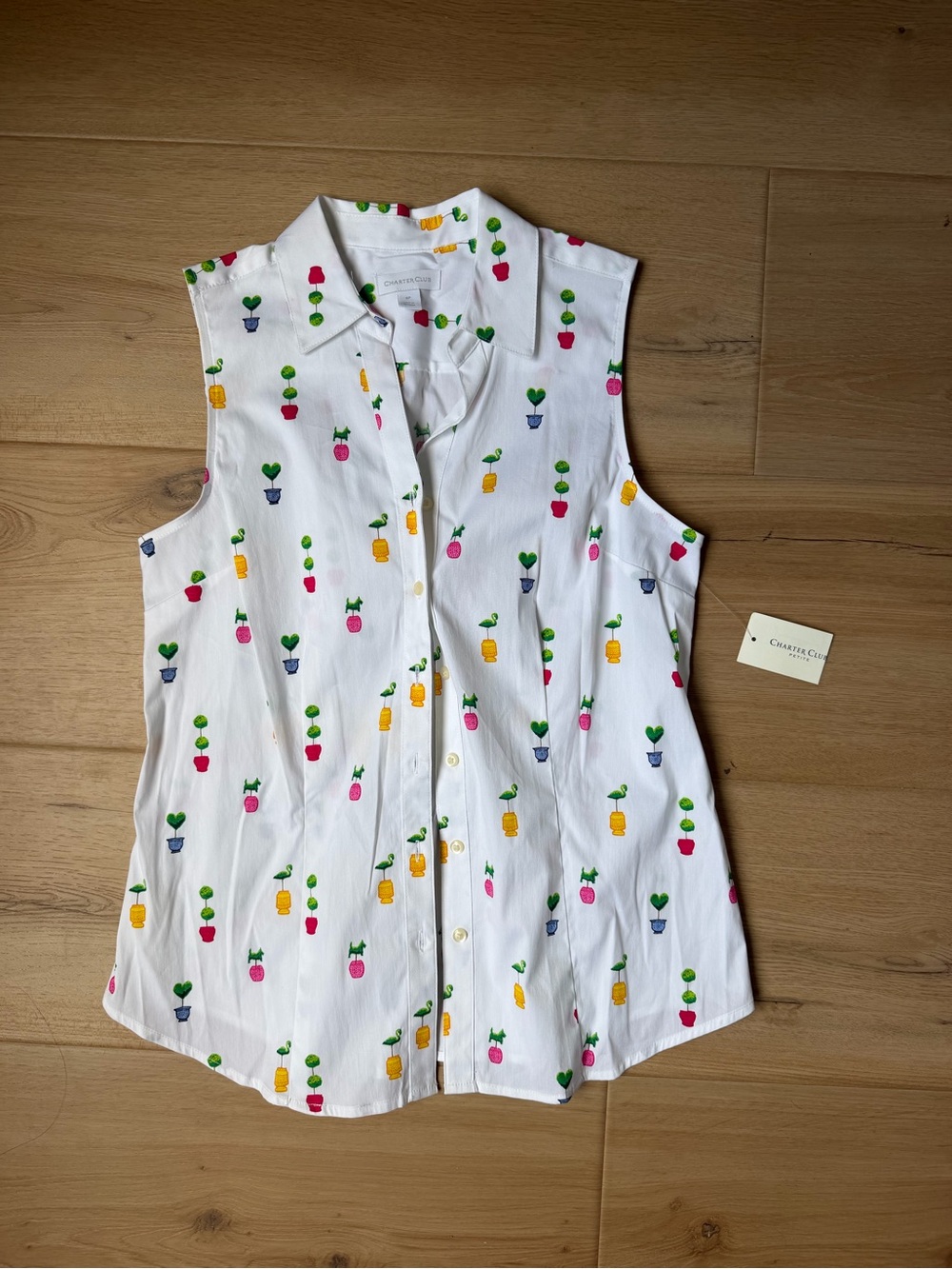 Charter Club White Button-Up Top with Colorful Potted Plant Print